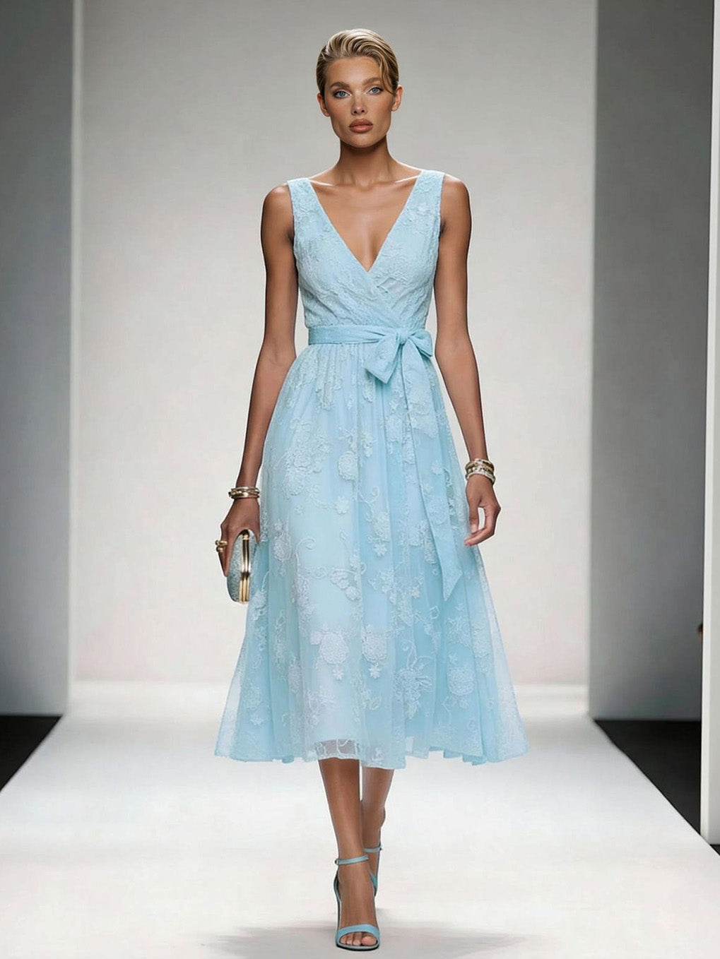 Elegant V-Neck Lace Embroidered Tie-Front Midi Dress