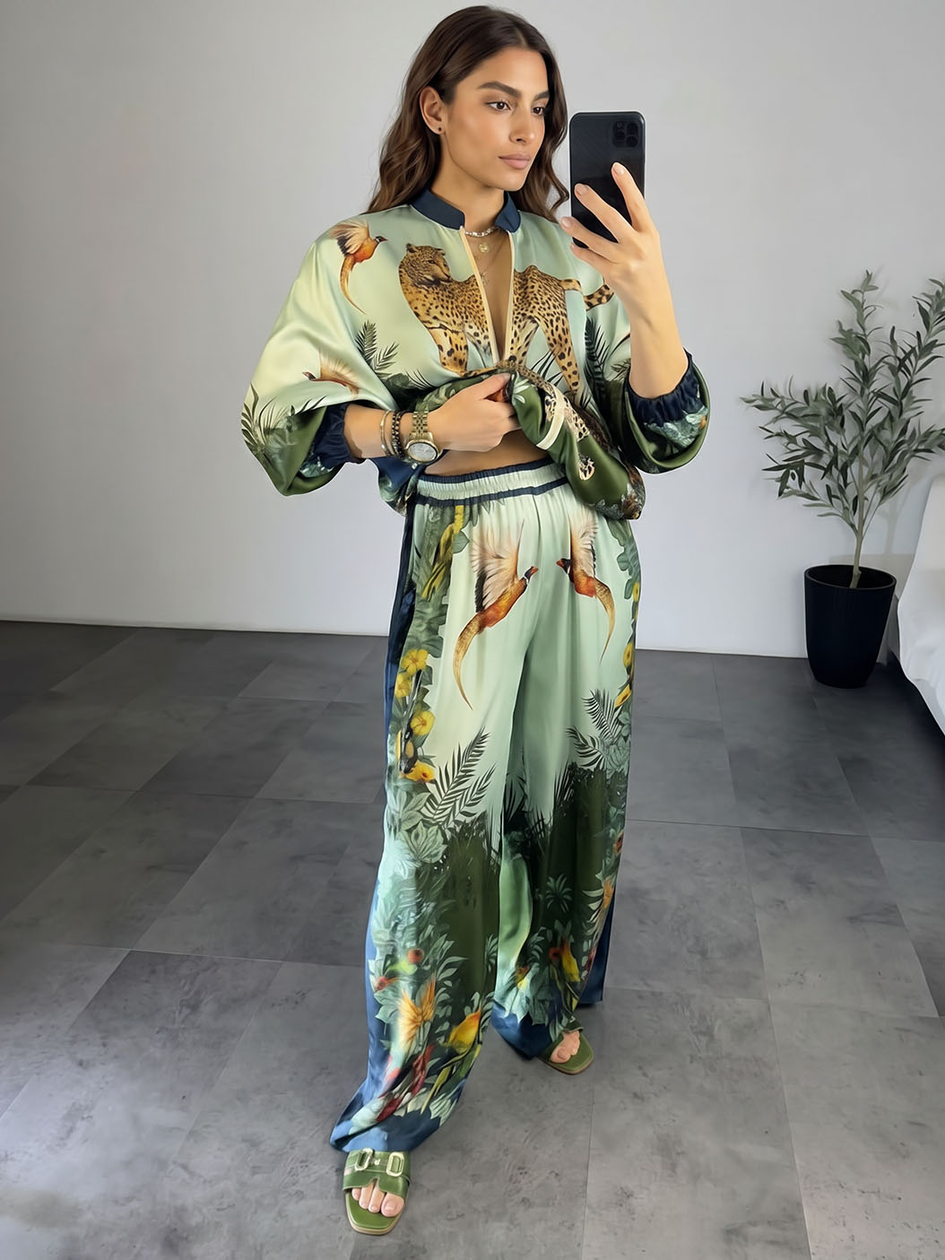 Exotic Jungle Print Zip-Up Long Sleeve Shirt