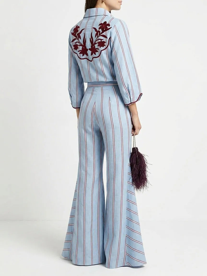Bohemian Blue Stripe Flare Pants Two-Piece Set