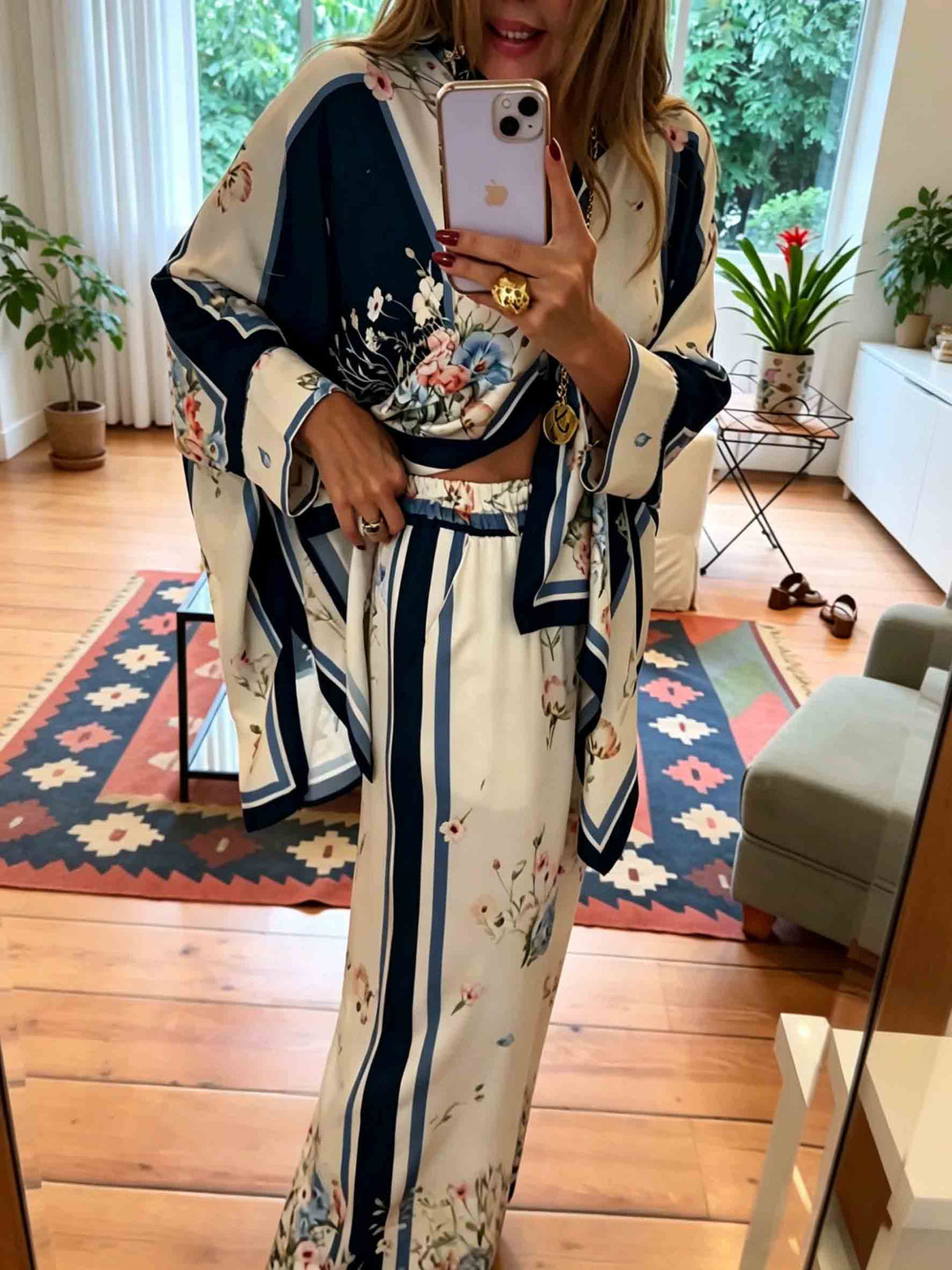 Exquisite Satin Print High-Waist Wide-Leg Pants
