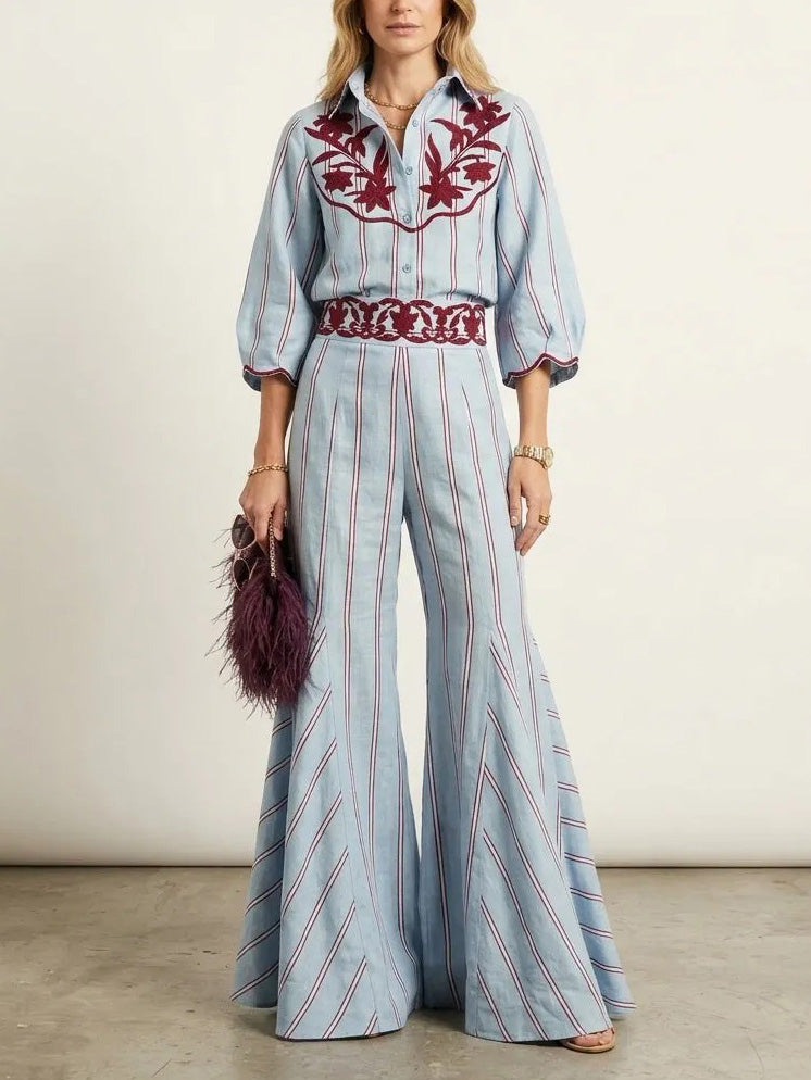 Bohemian Blue Stripe Flare Pants Two-Piece Set
