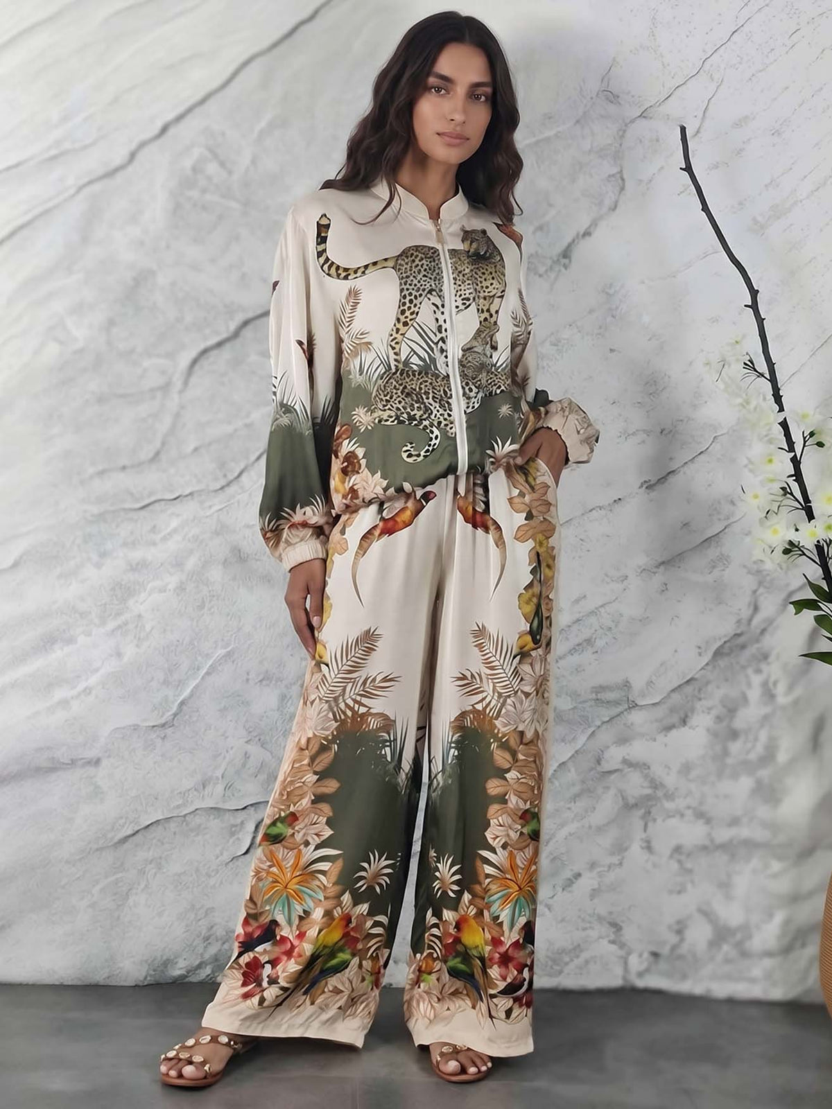Exotic Jungle Print Wide Leg Pants