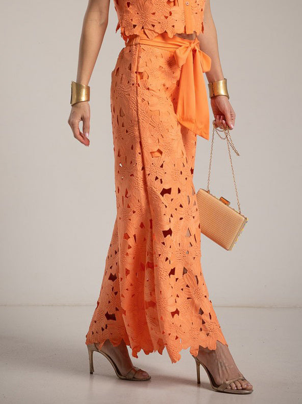 Casual Cutout Lace Shirt & Wide-Leg Pants Two-Piece Set