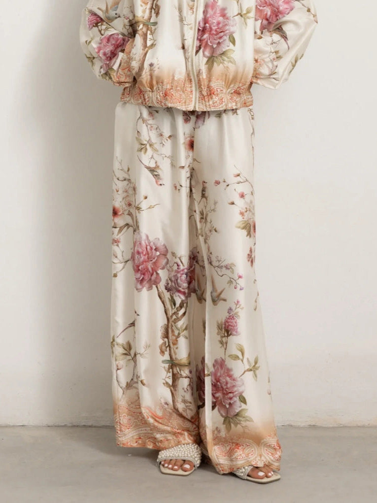 Elegant Floral Bird Print Wide Leg Pants
