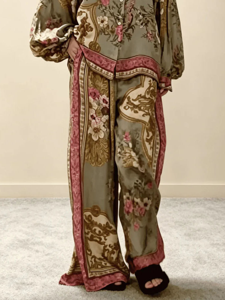 Retro Floral Baroque Print Satin Wide-Leg Pants