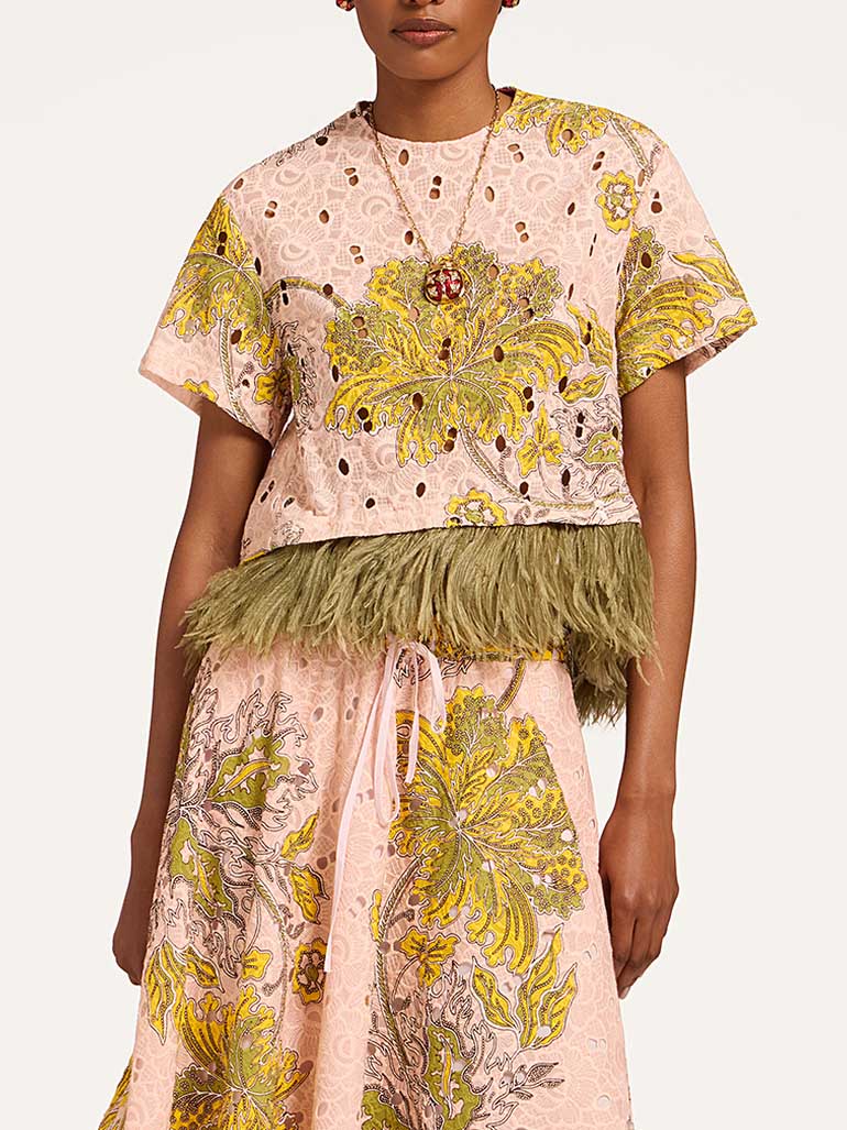 Elegant Two-piece Paisley Print Feather Trim