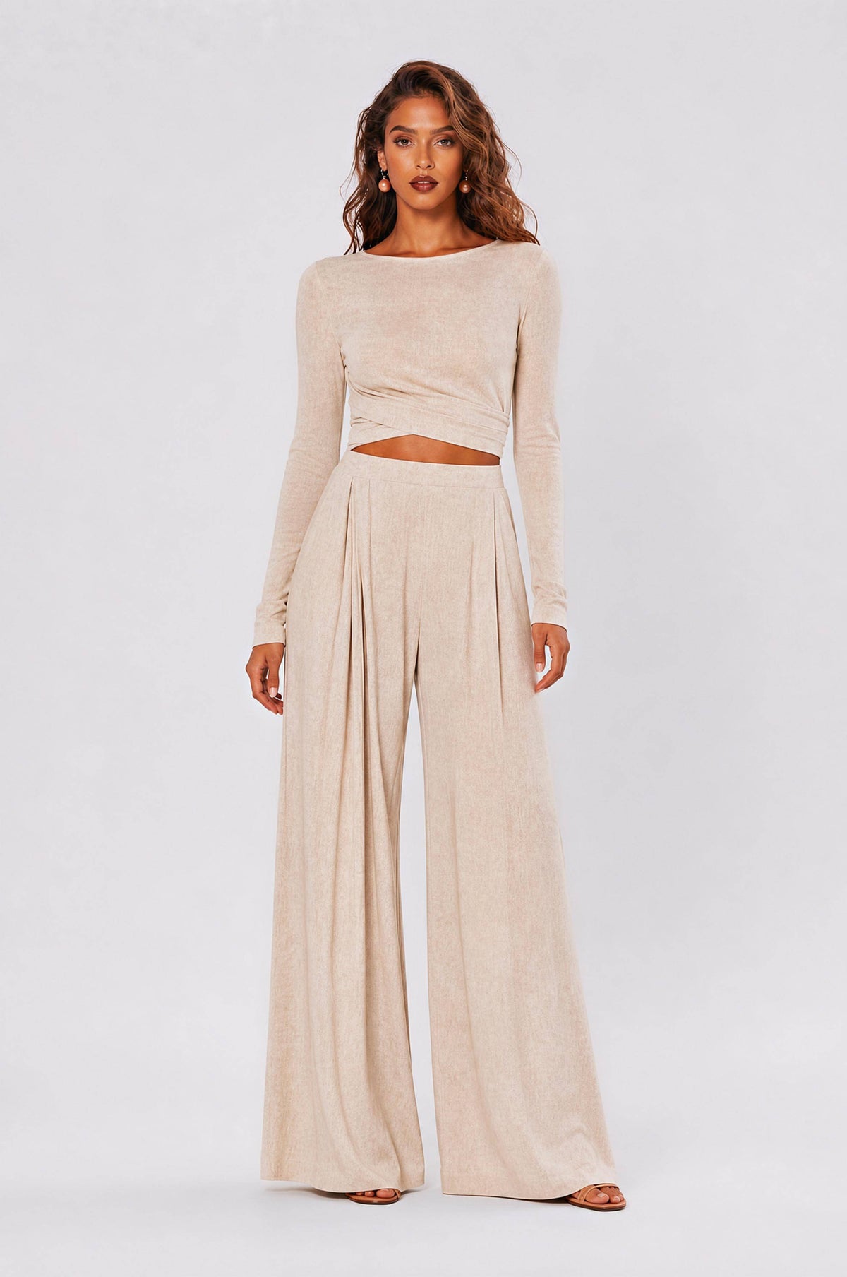 Tight-Waisted Short Long-Sleeved Top Pleated Linen Wide-Leg Pants Two-Piece Set