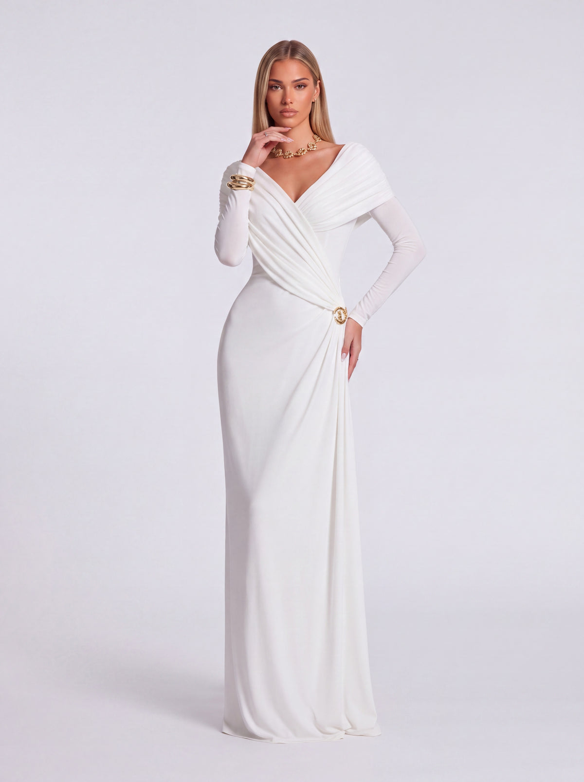 Cross Draped Shawl Side Trim V-Neck Long Sleeve Dress
