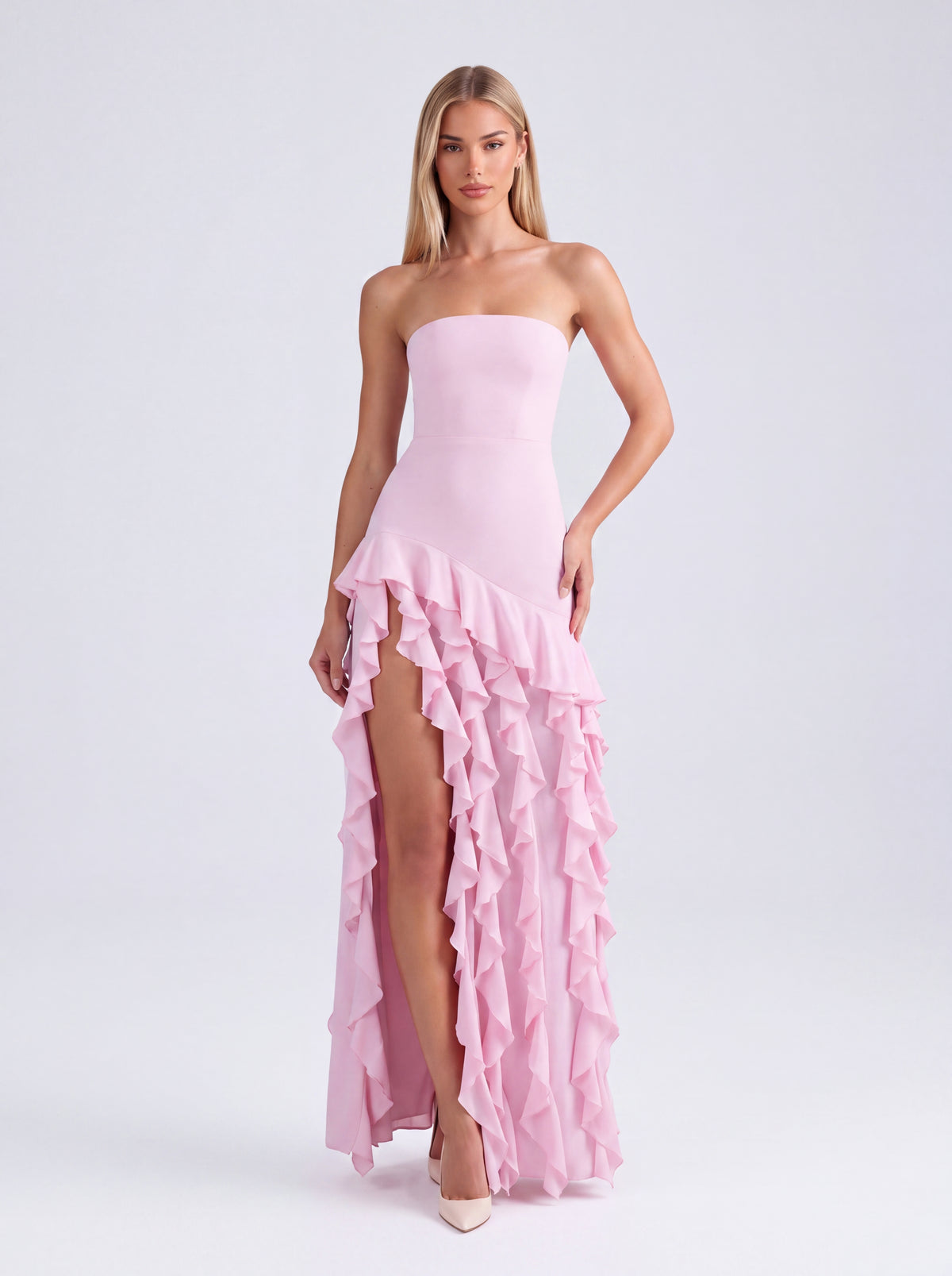 Strapless Ruffled High Split Slim-Fit Long Dress
