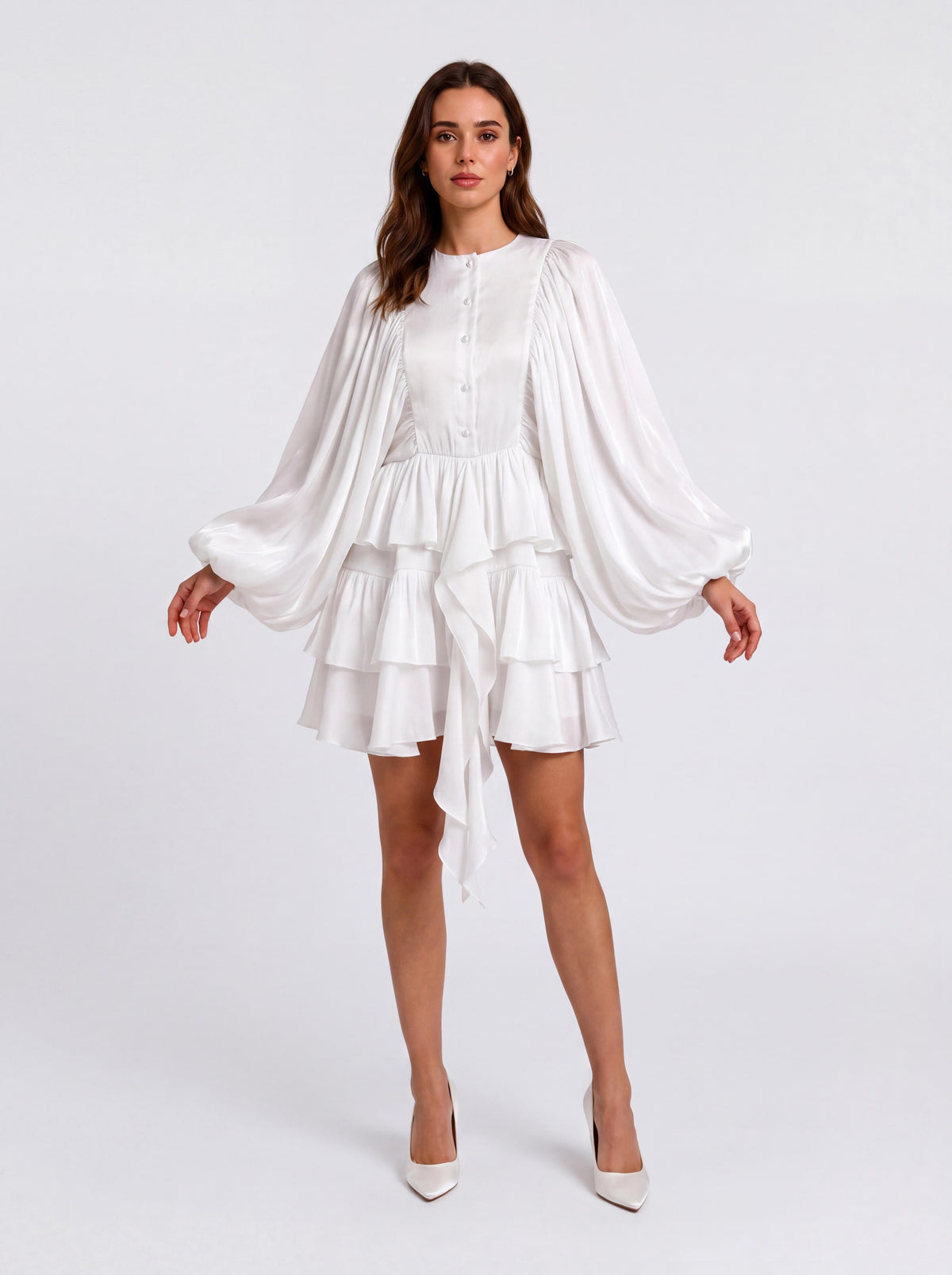Layered Ruffled Puff Sleeve Short Dress