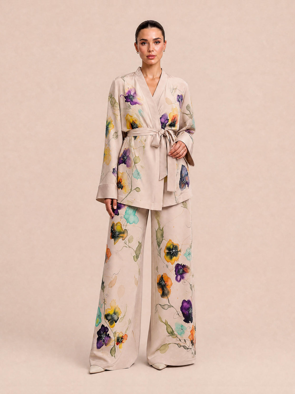Watercolor Floral Print Satin Two-piece Set