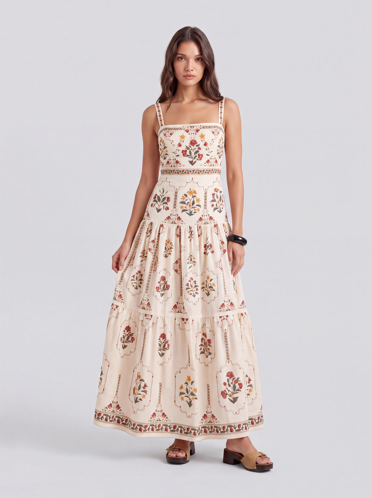 Vintage Floral Square Collar Thin Sling Layered Bohemian Dress