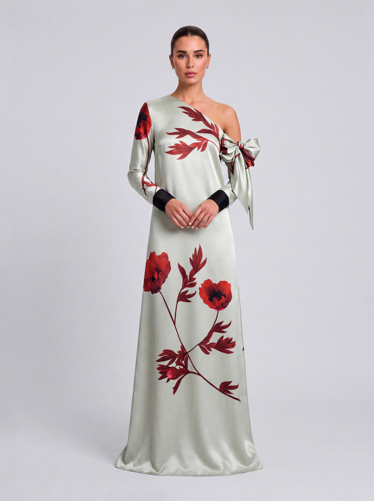 Scarlet-Shoulder Bow Satin Print Long Evening Gown