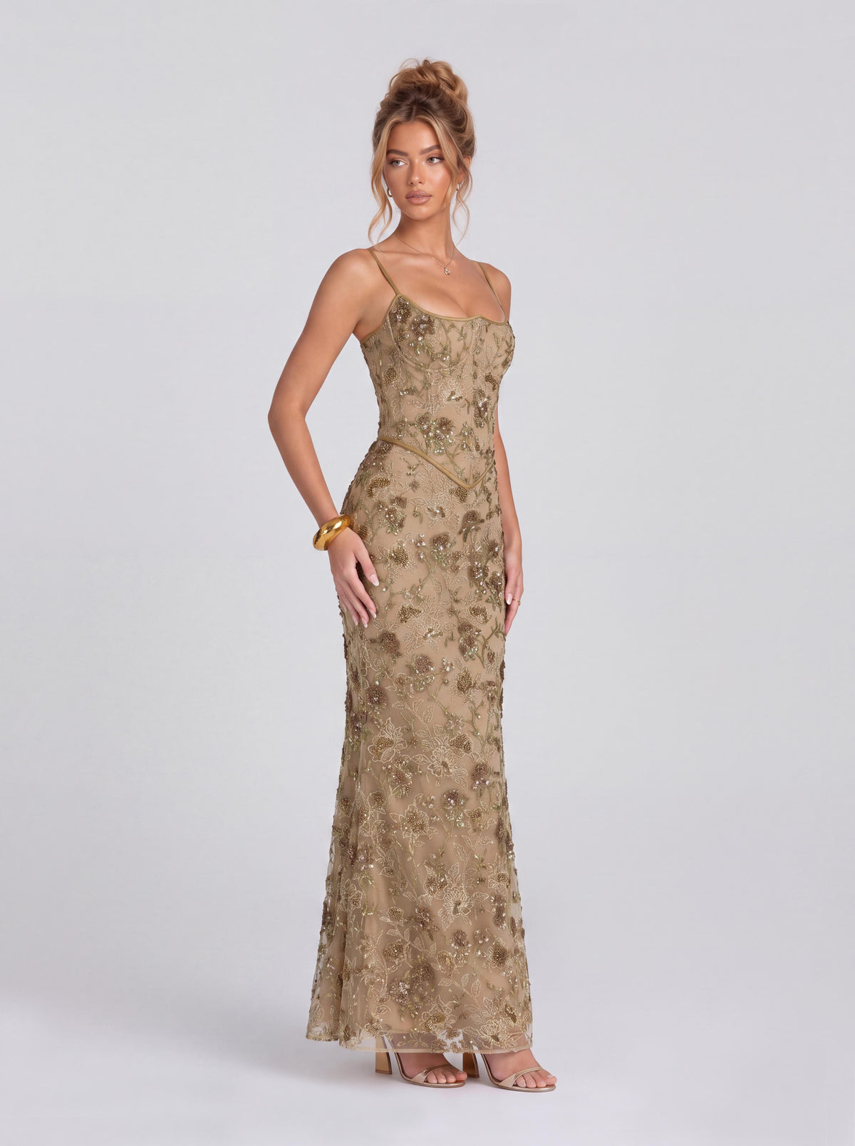 Vintage Floral Beaded Lace Belted Mermaid Dress