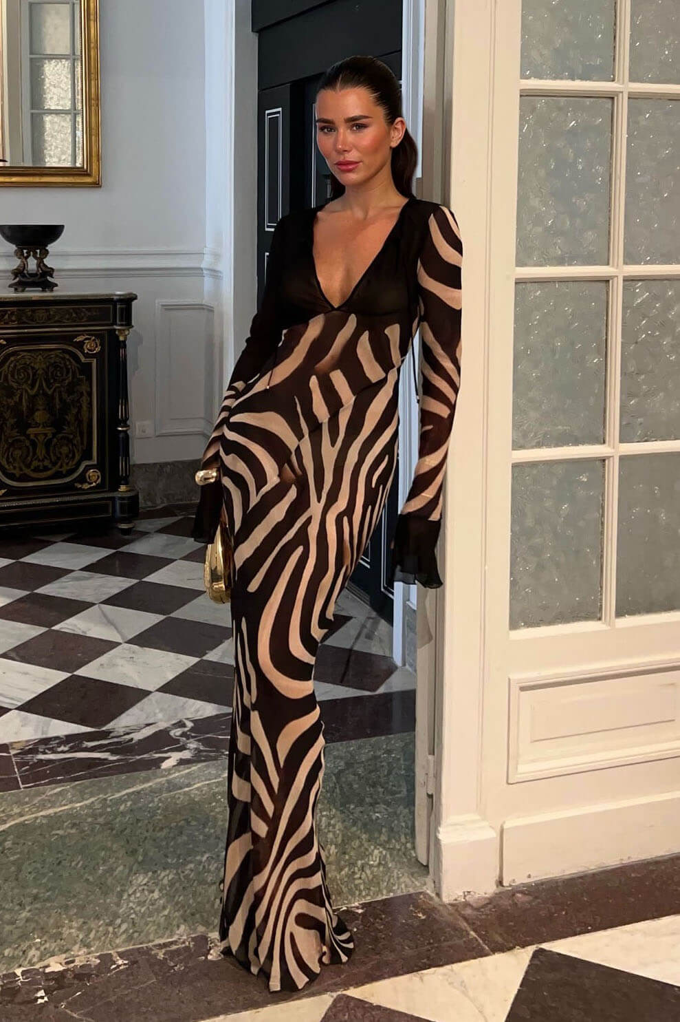 Elegant Night Chiffon Colorblock Animal Print Tie-up Long Sleeve Maxi Dress