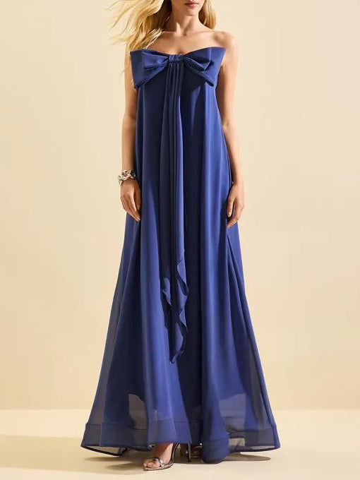 Elegant Strapless Bow Detail Flowy Maxi Dress