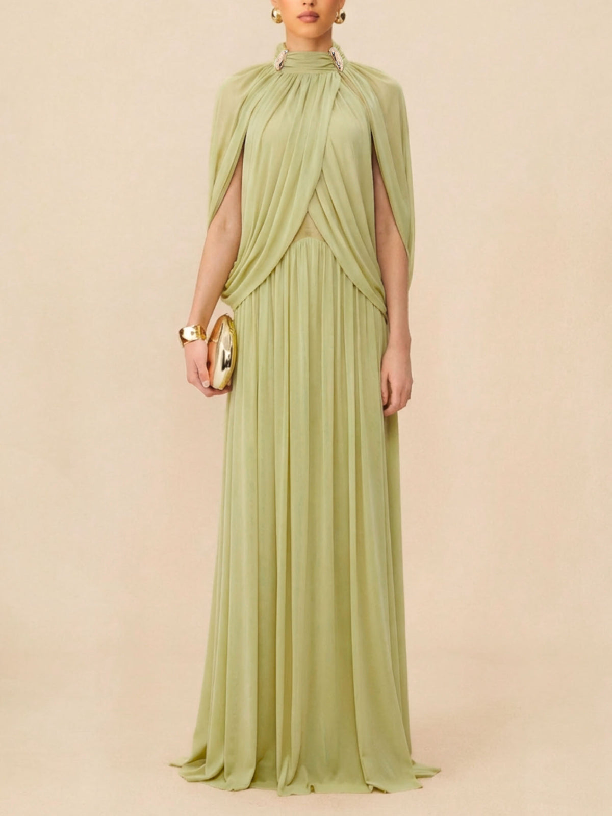 High Neck Pleated Cape Formal Maxi Dress