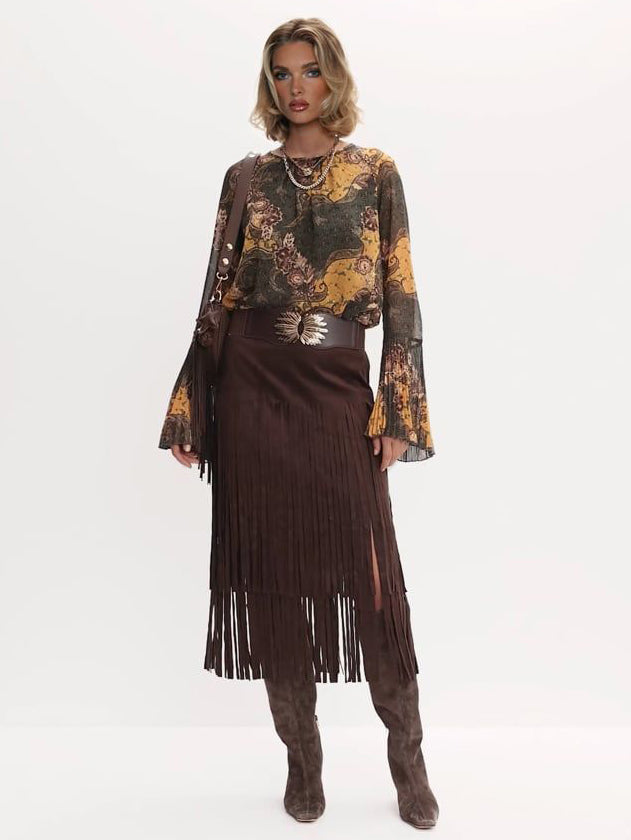 Retro Paisley Print Bell-sleeve Shirt Two-piece Set