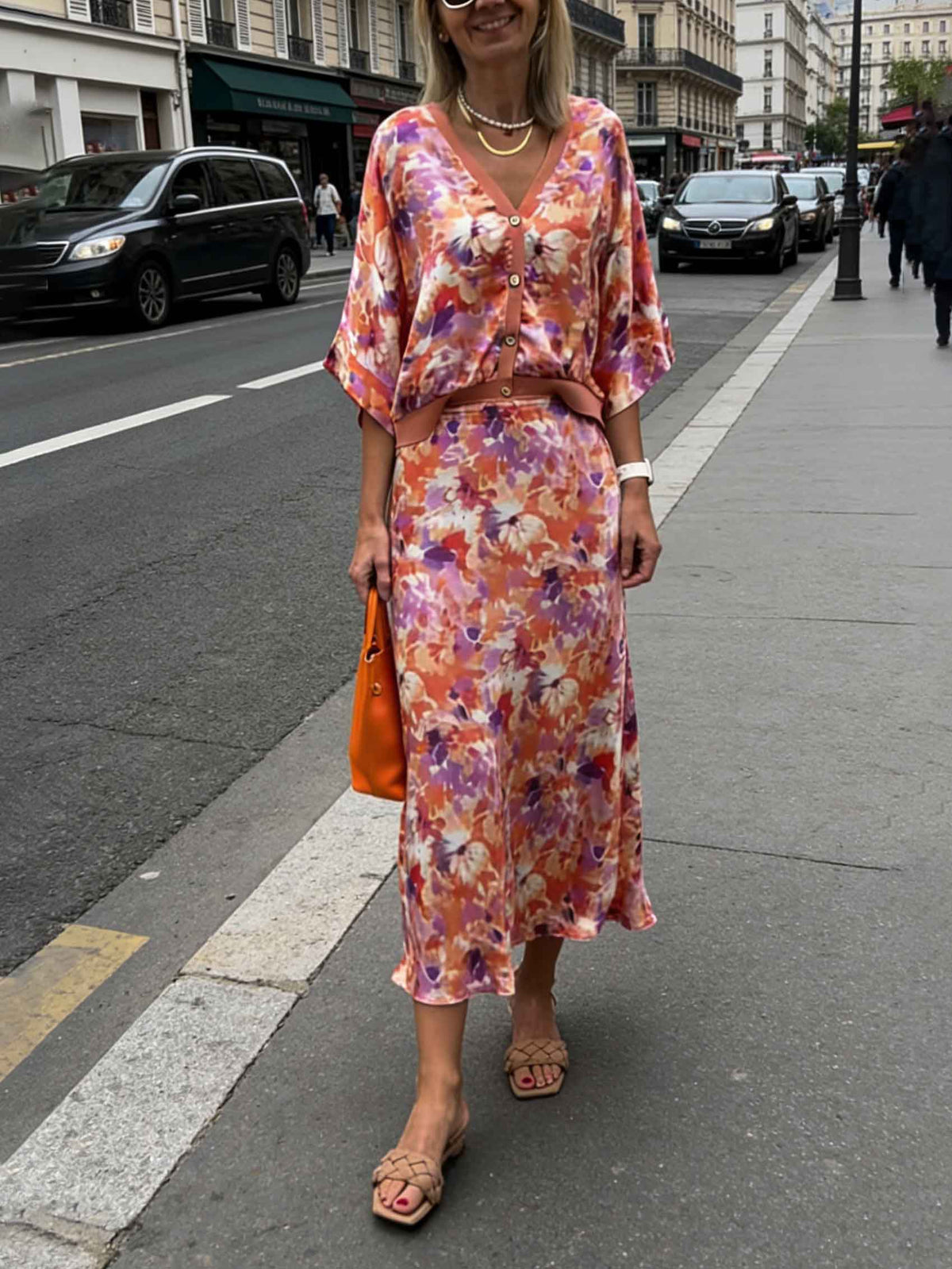 Exquisite Floral Print Satin High-Waisted Midi Skirt