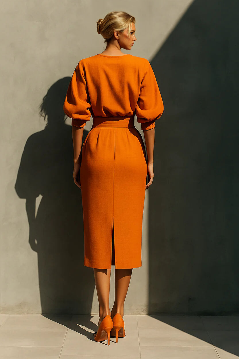 Delicate Round Neck Half-Sleeve Top And Pocketed Back Slit Midi Skirt Set