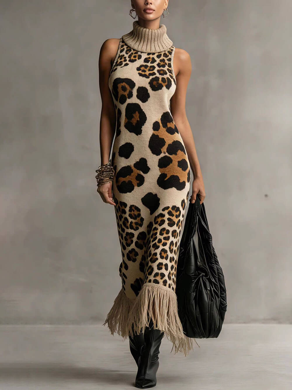 Leopard Print Turtleneck Sleeveless Fringe Bodycon Knit Maxi Dress