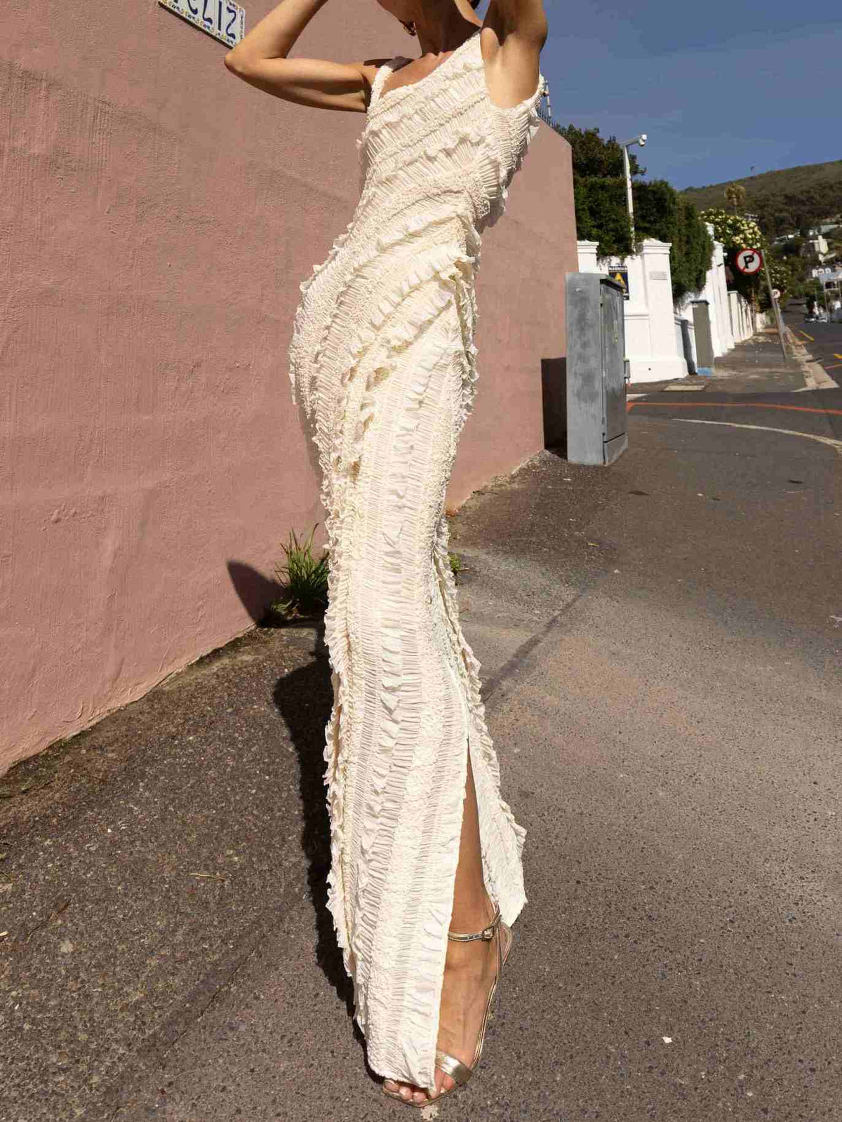 Elegant Textured Ruffle Strap Maxi Dress
