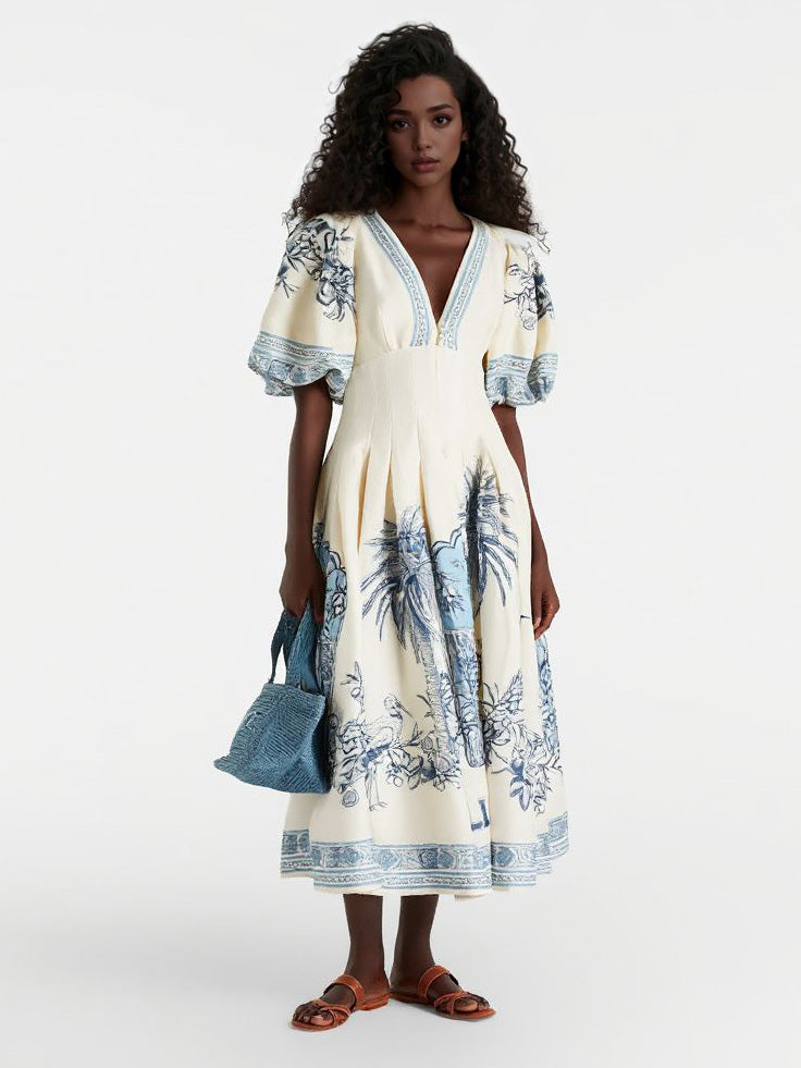 Elegant V-Neck Puff Sleeve Toile Print Midi Dress
