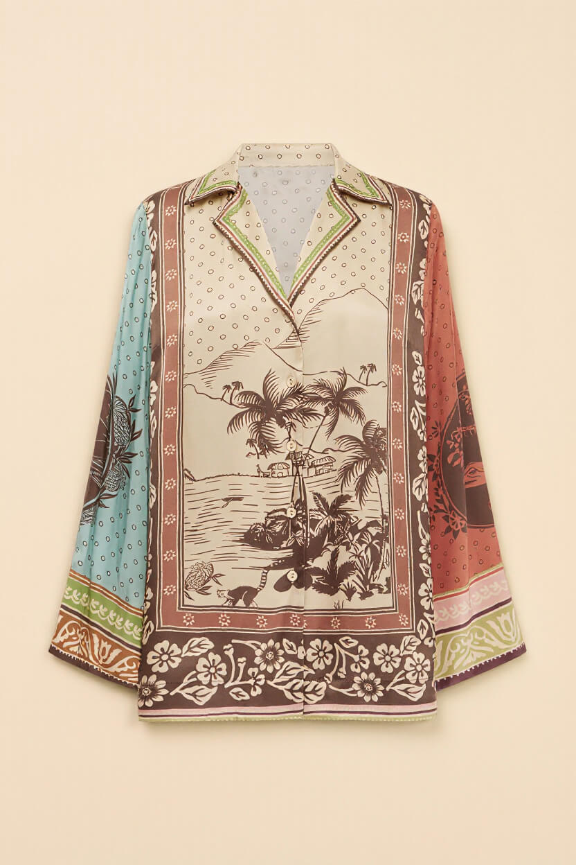 Unique Satin Floral Print Button-Up Shirt with Elastic Waist Pockets And Wide-Leg Pants Set