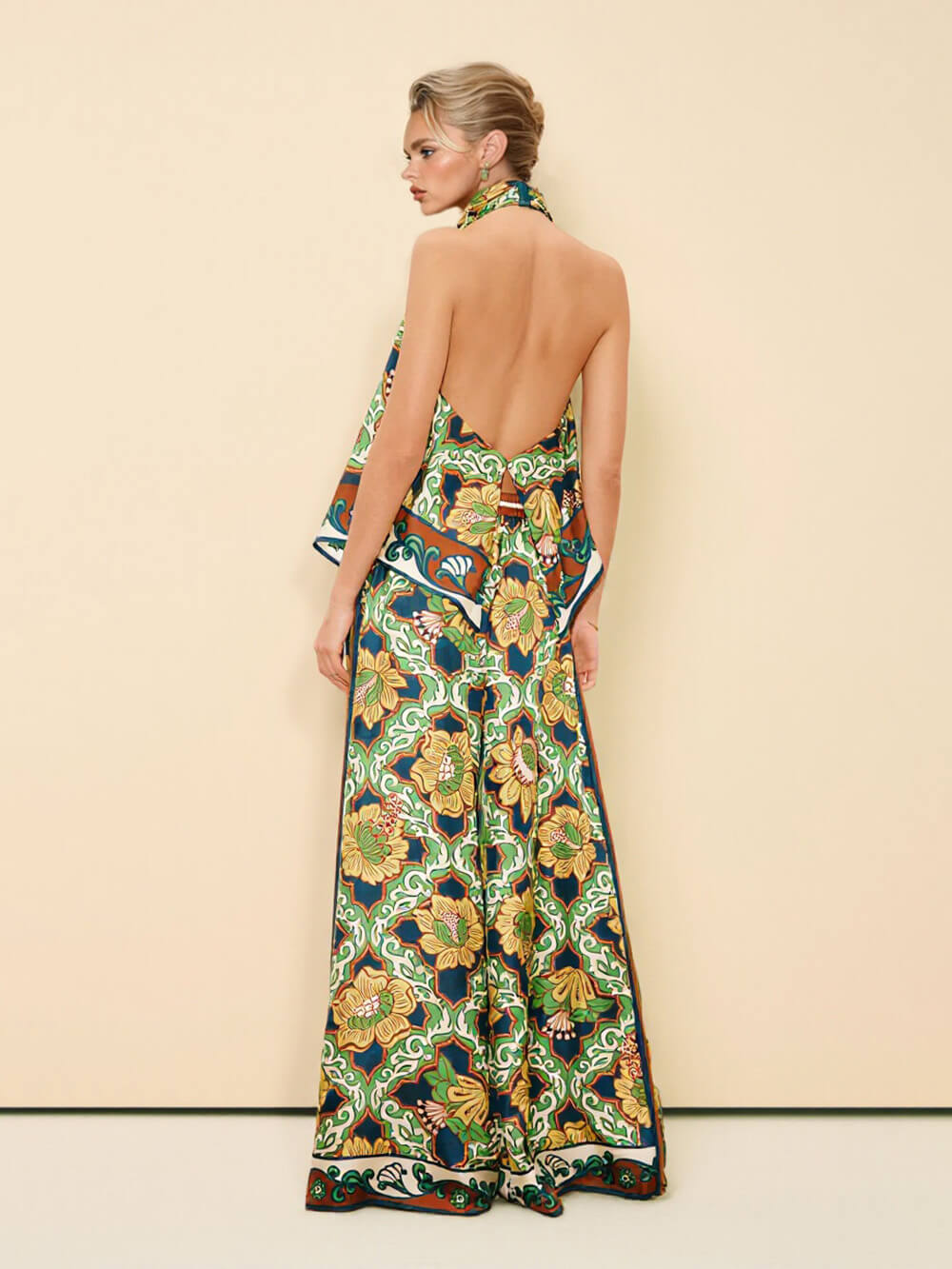 Modern Satin Print Elastic-Waist Pocket Wide-Leg Pants