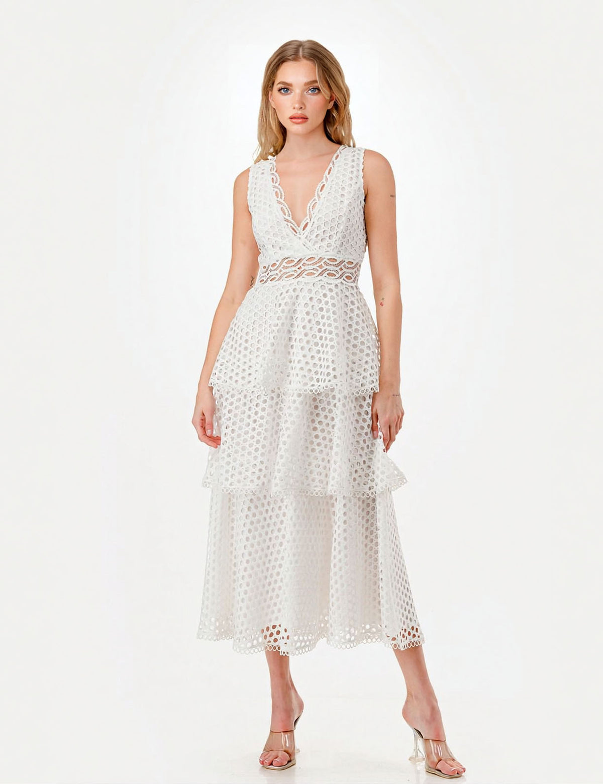 Elegant Crocheted Lace Layered Ruffle Maxi Dress