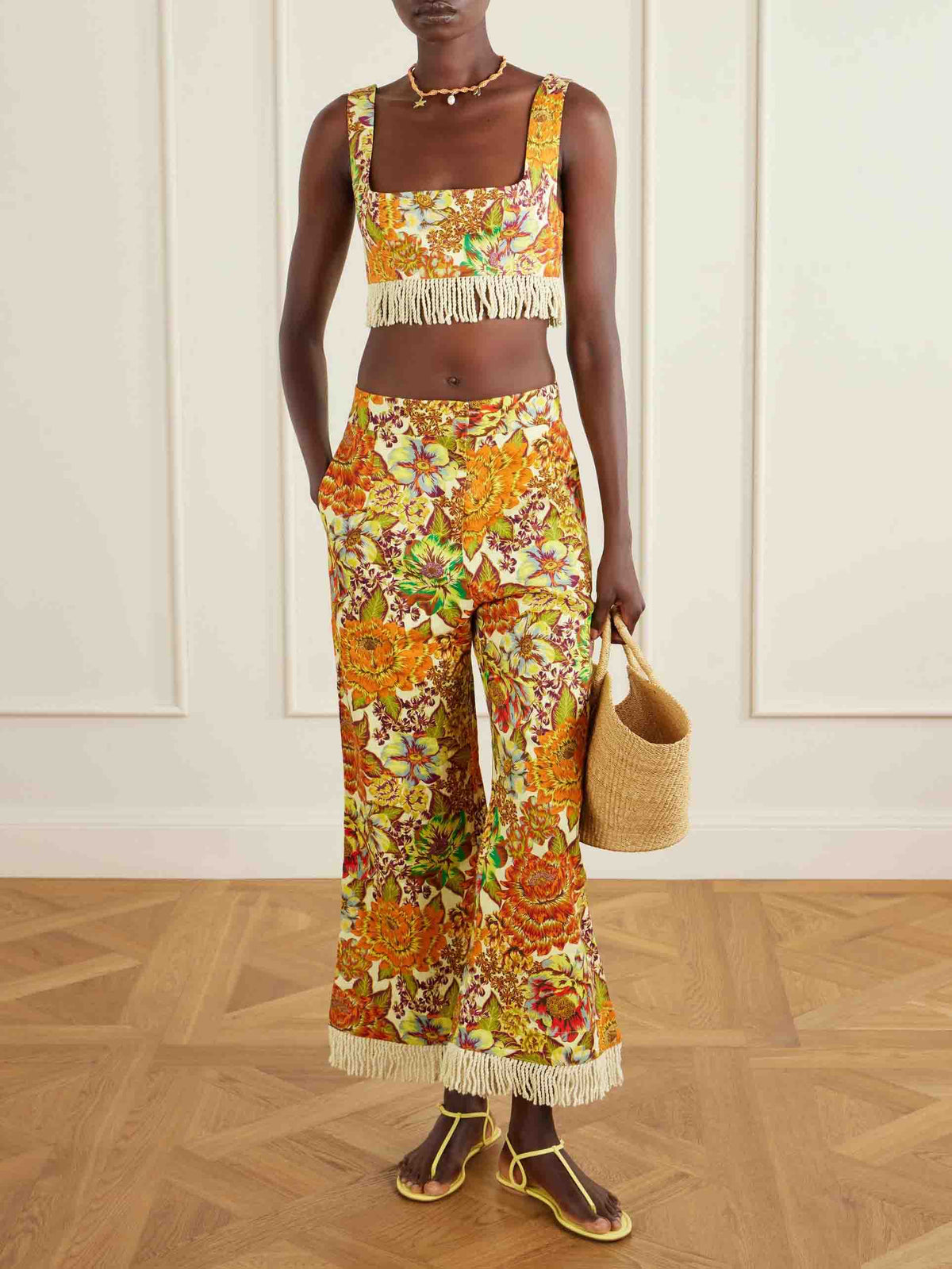 Retro Print Fringe Crop Top & Pants Set