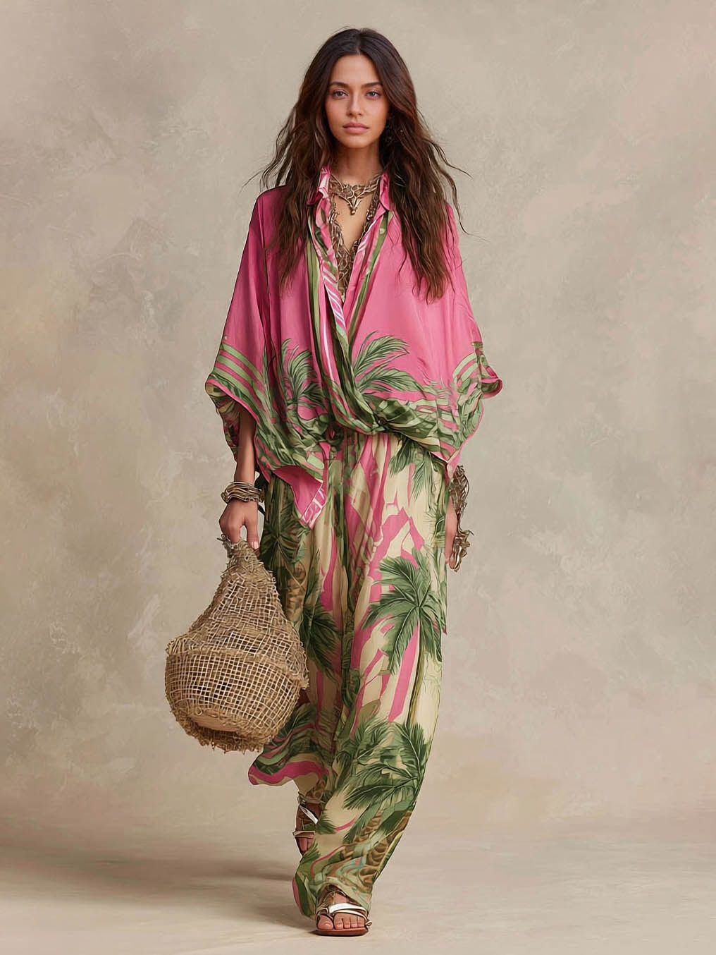 Bohemian Tropical Print High-Waist Wide-Leg Pants