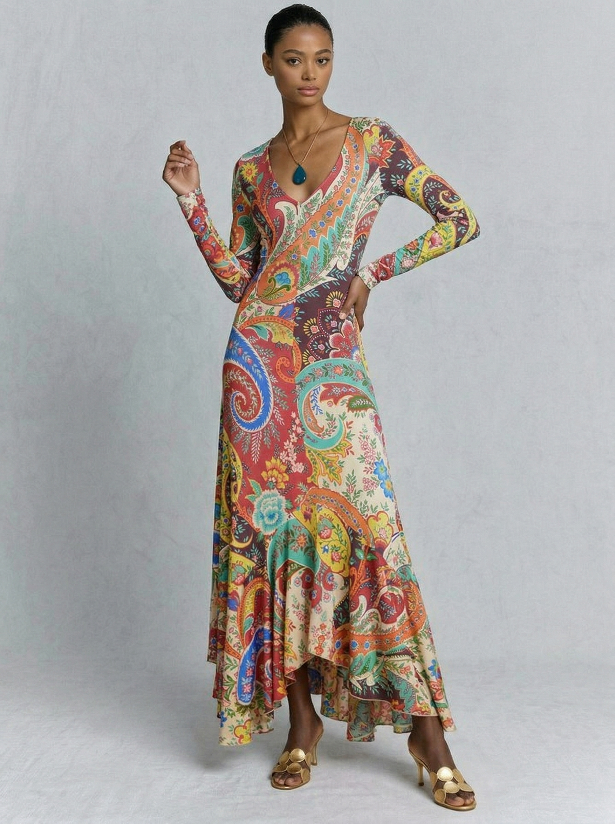 Colorful Paisley Print V-Neck Flounce Hem Maxi Dress
