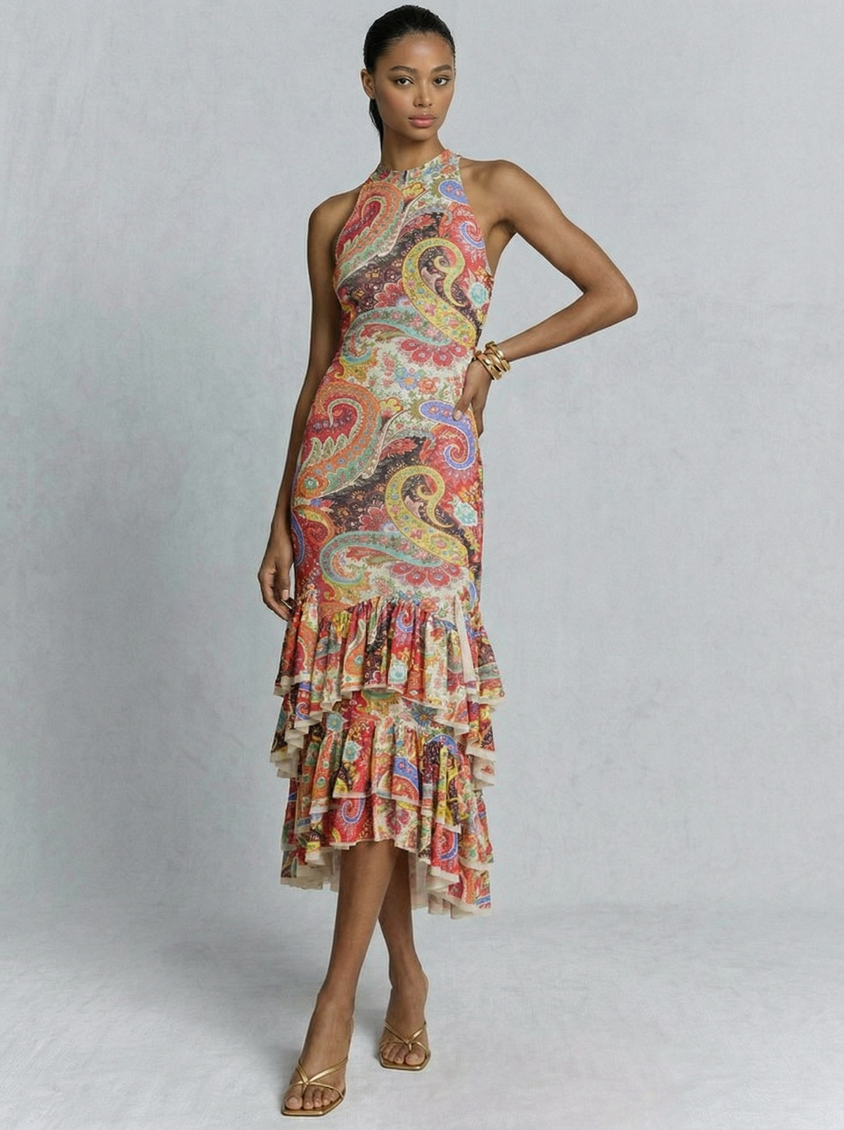 Colorful Paisley Print Ruffled Hem Halter Midi Dress