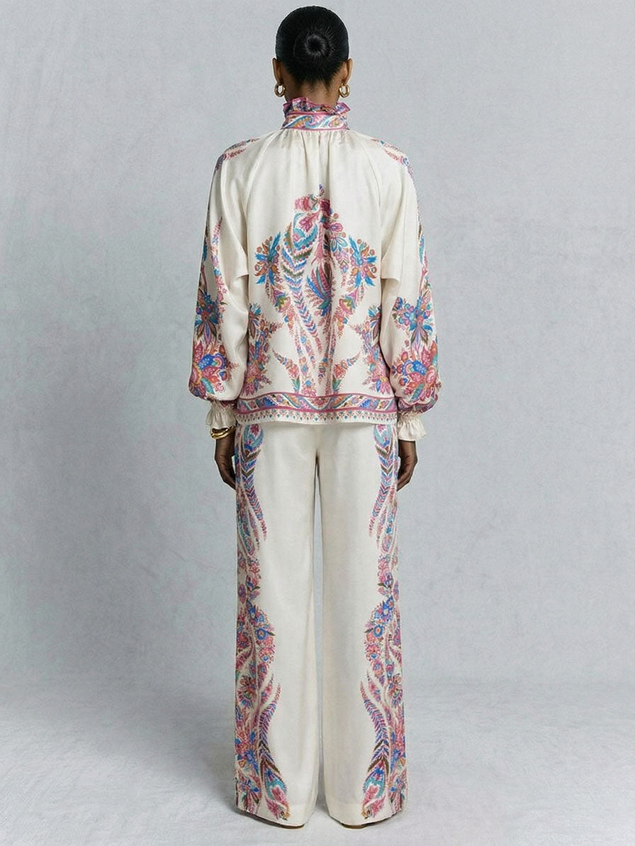 Exquisite Paisley Print Satin Wide-Leg Pants