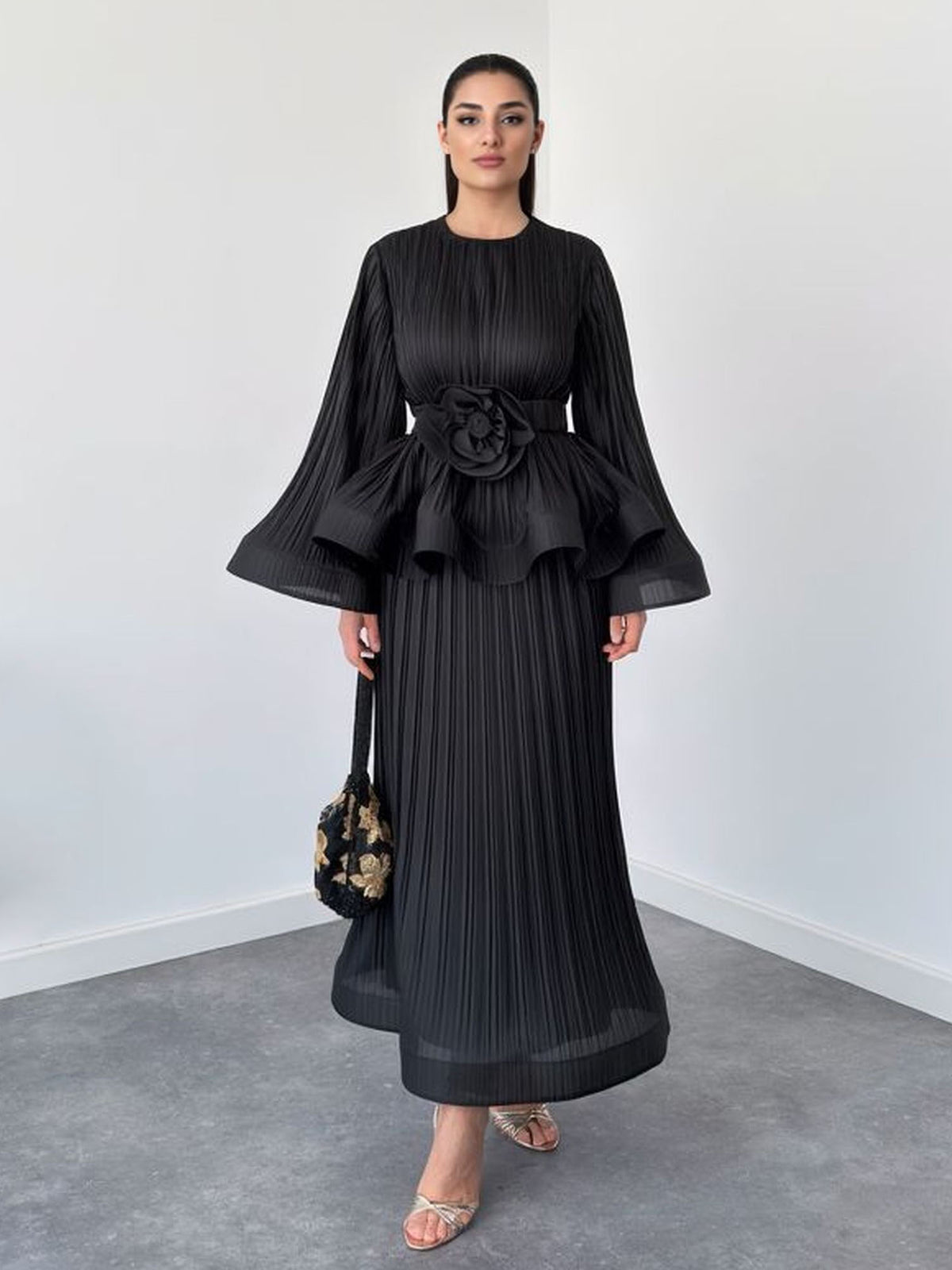Elegant Pleated Bell Sleeve Top & Maxi Skirt Two-Piece Set