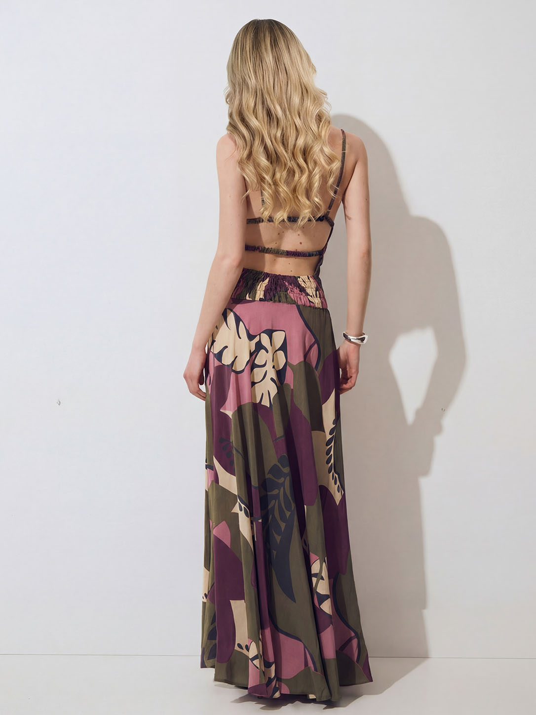 Smocked Bodice Tropical Leaf Print Spaghetti Strap Maxi Dress