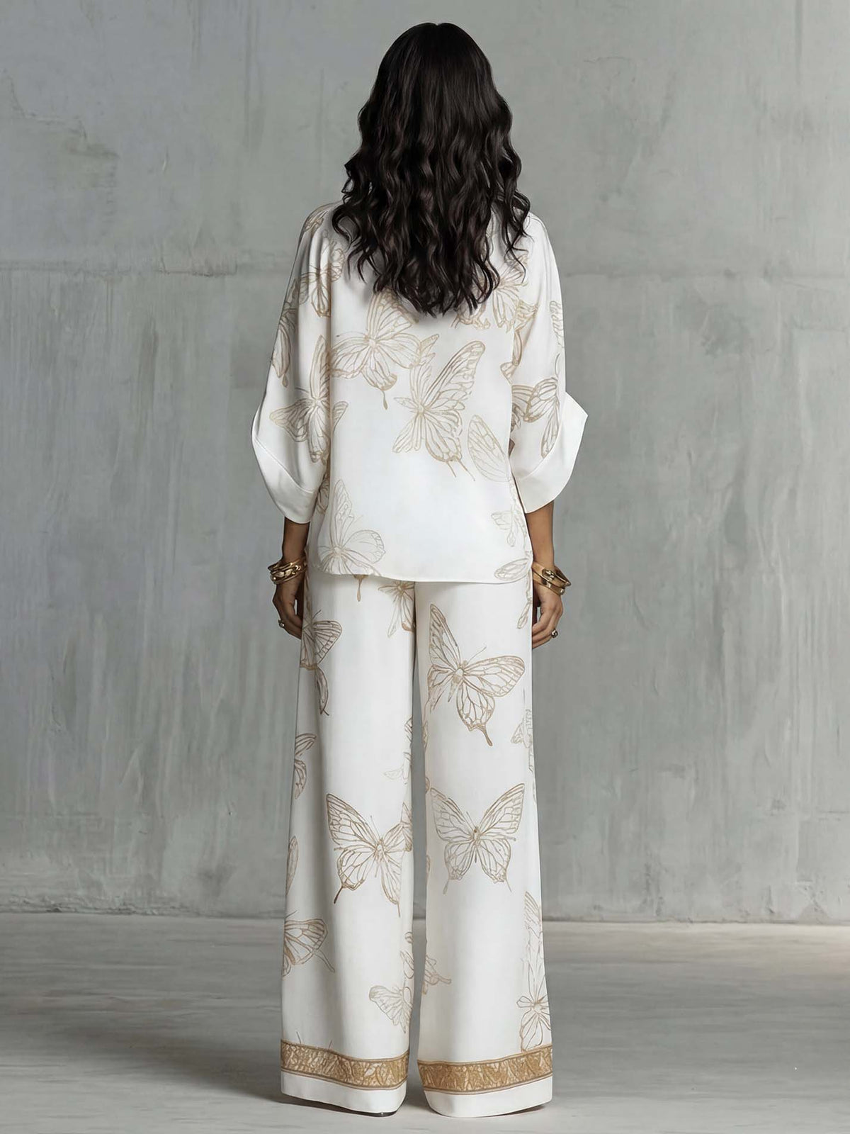 Elegant Butterfly Print Zip-Up Top & Wide Leg Pants Set