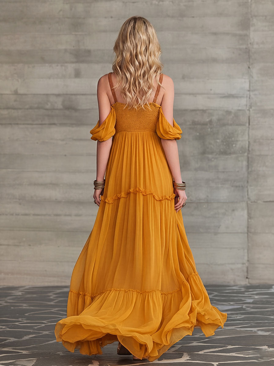 Bohemian Off-Shoulder Ruffle Chiffon Maxi Dress