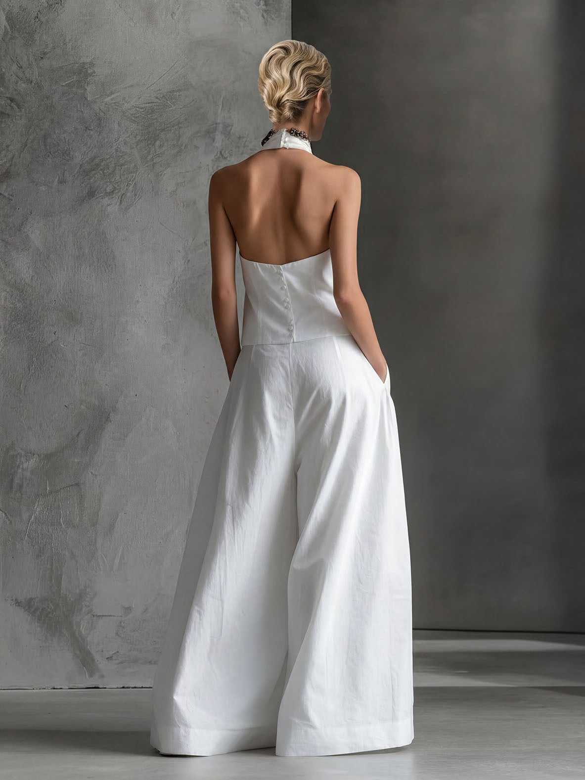 Elegant Halter Neck Top & Wide-Leg Pants Two-Piece Set
