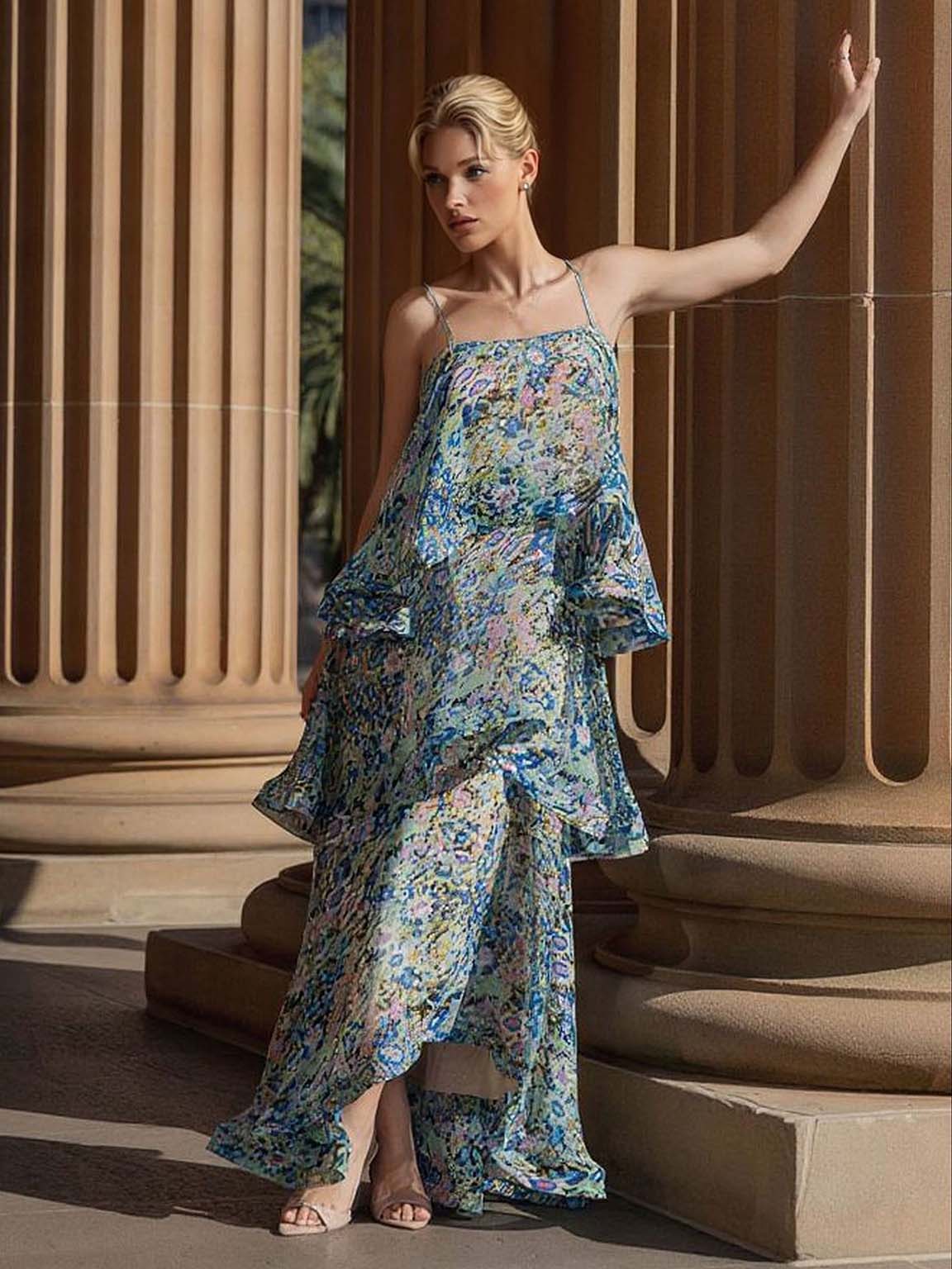 Elegant Vibrant Floral Print Tiered Ruffle Maxi Dress