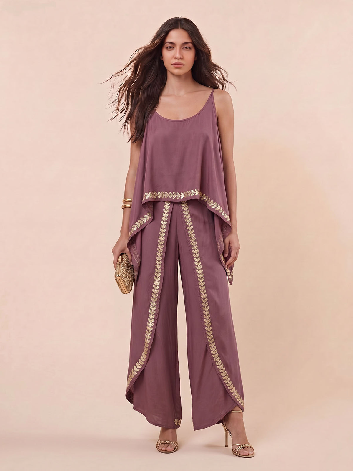 Bohemian Embroidered Layered Top & Wide-Leg Pants Two-Piece Set