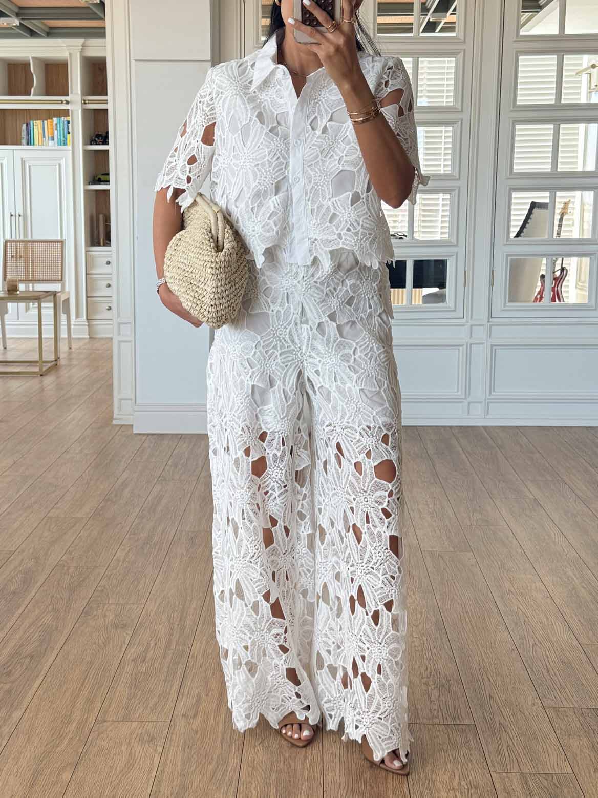 Casual Cutout Lace Short Sleeve Shirt