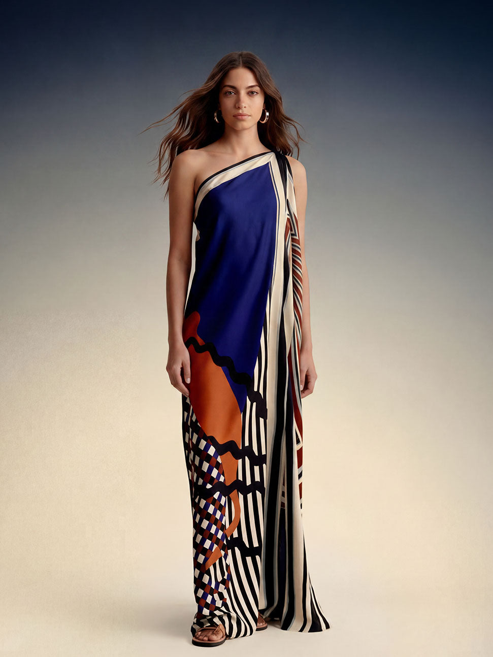Elegant One-Shoulder Abstract Print Draped Maxi Dress