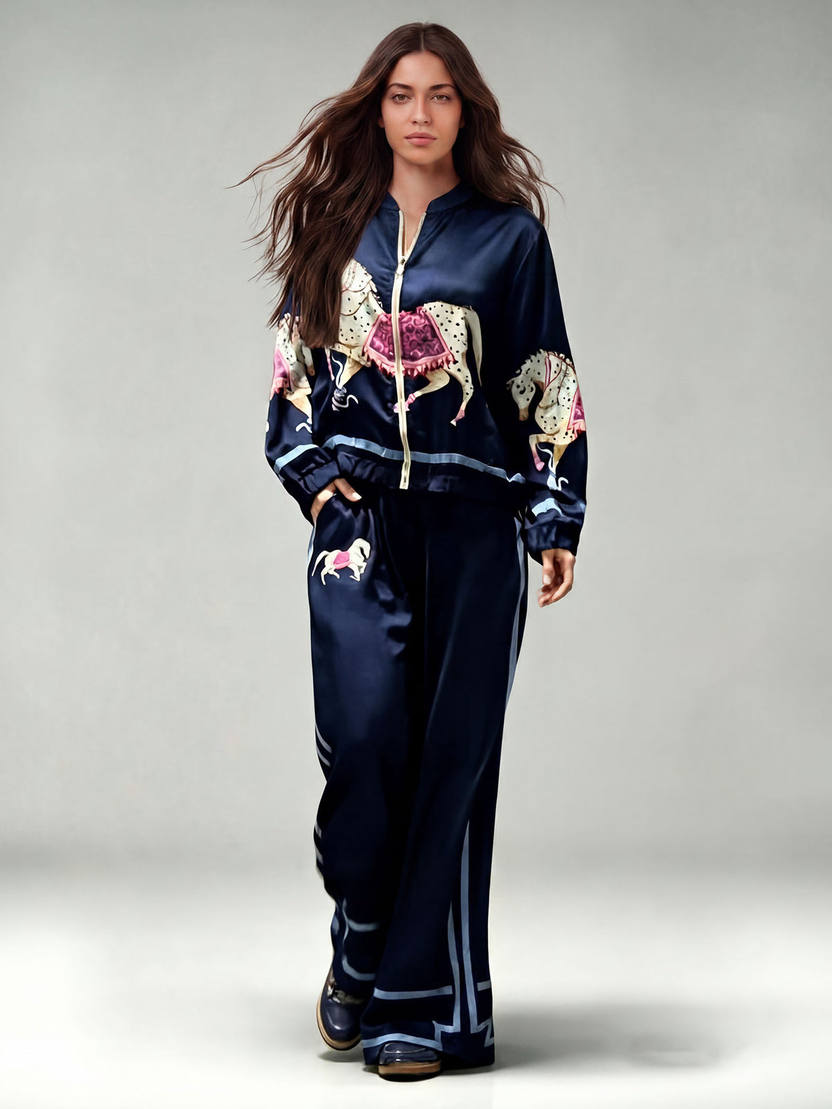 Exquisite Satin Horse Print Wide-Leg Pants