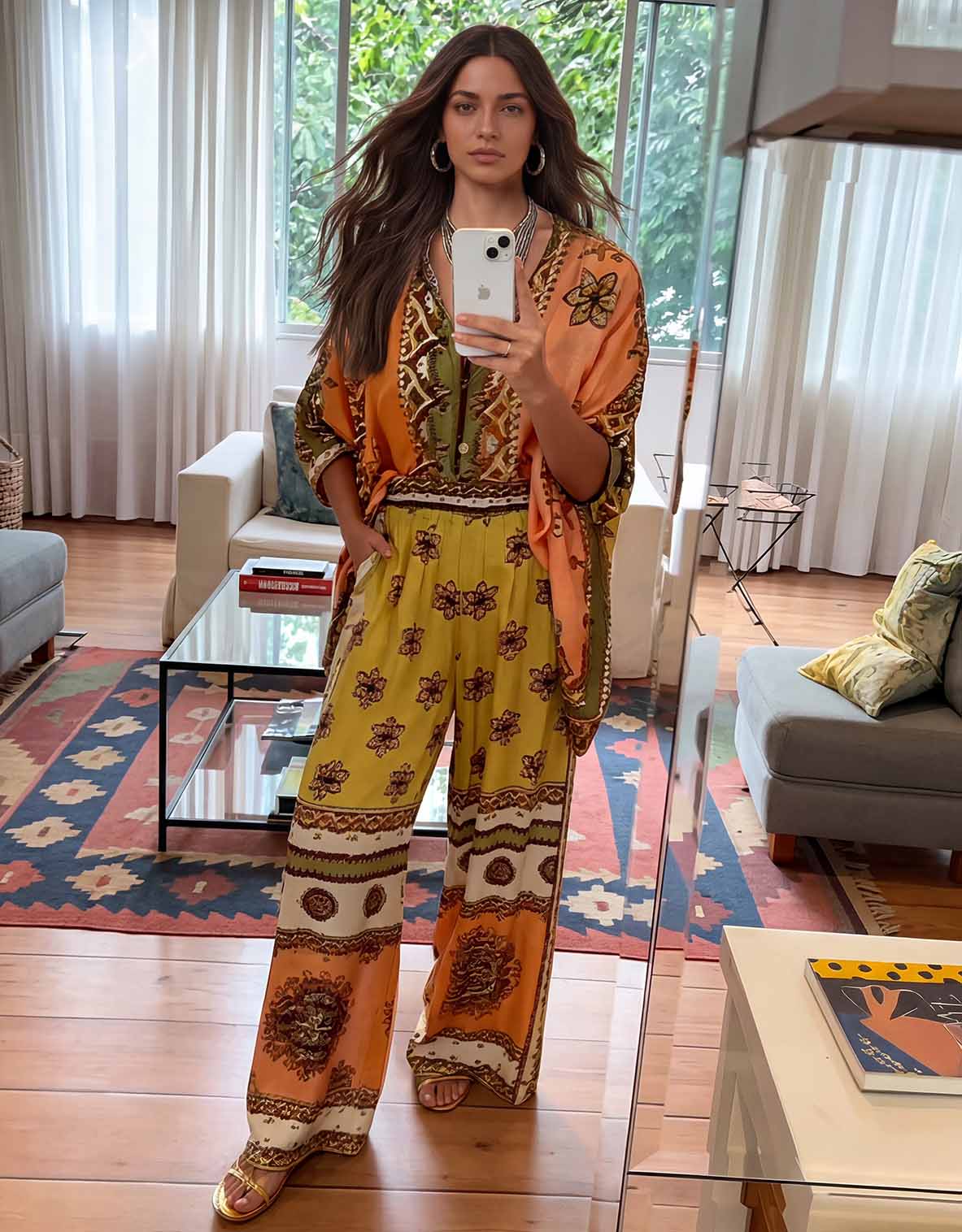 Unique Satin Paisley Print Wide-Leg Pants