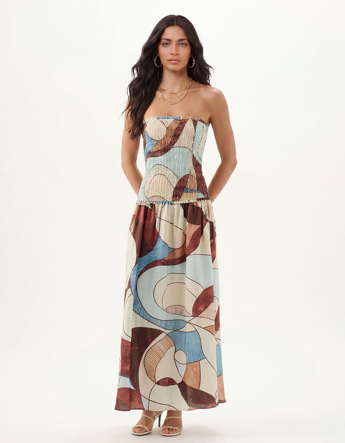 Exquisite Strapless Ruched Abstract Geometric Print Tiered Maxi Dress