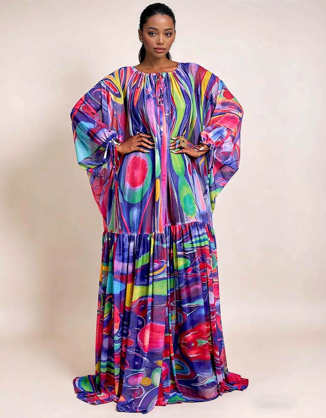 Exquisite Rainbow Abstract Print Chiffon Flowy Loose Maxi Dress
