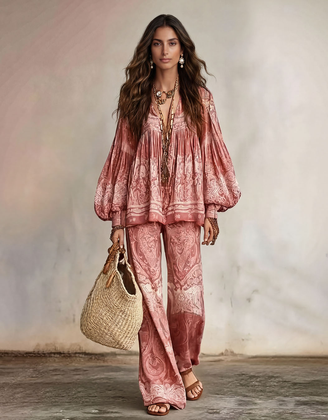 Bohemian Paisley Print Balloon Sleeve Blouse & Pants Two-Piece Set