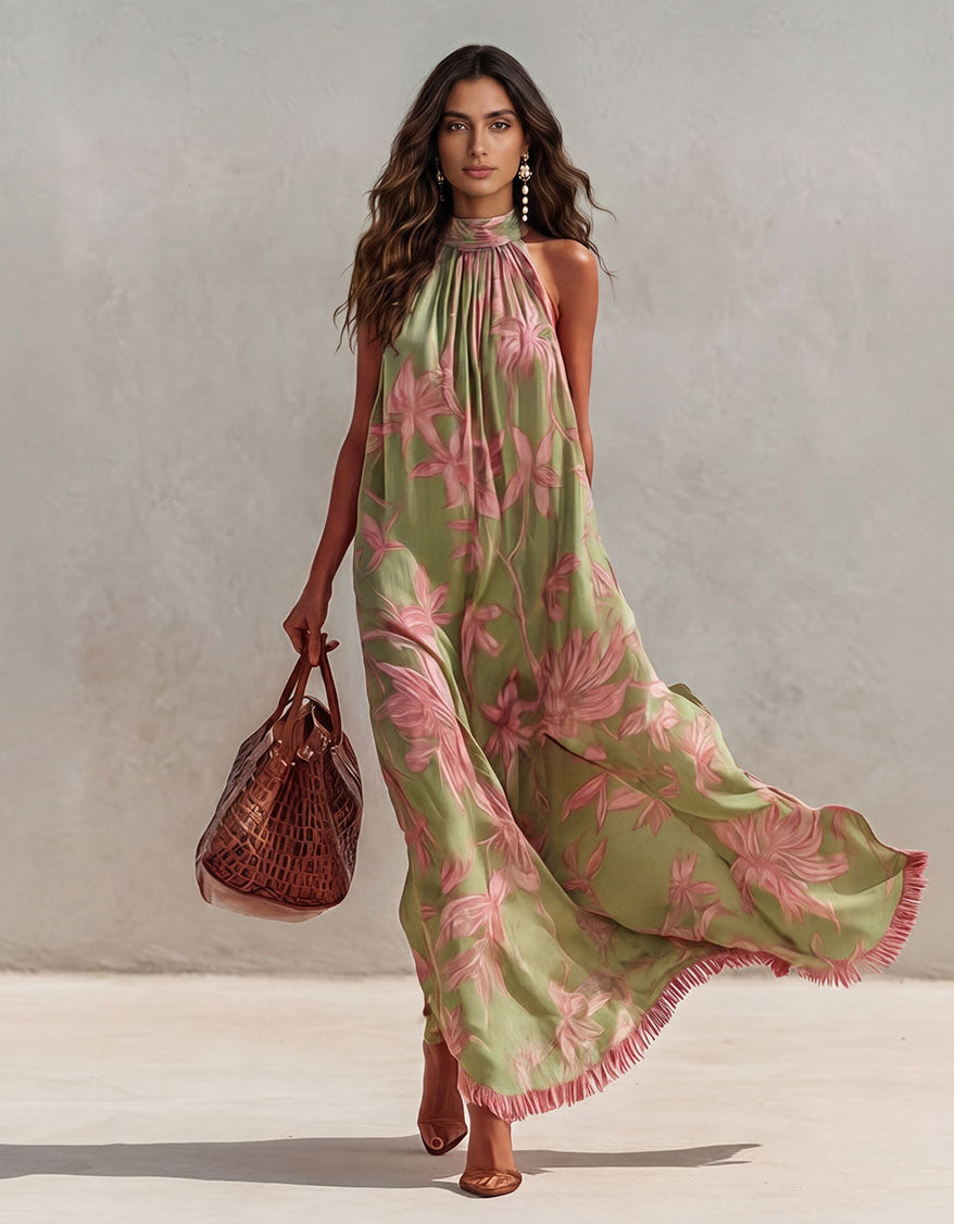 Casual Floral Print Backless Tassel Trim Flowing Maxi Dress
